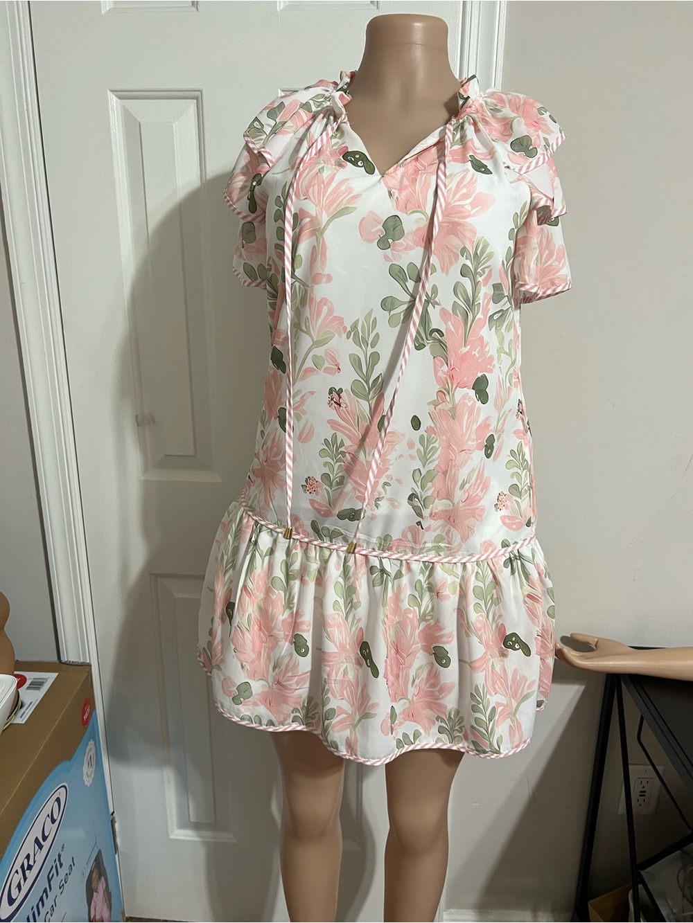 Floral Tie-Neck Mini Dress in Pink and Green